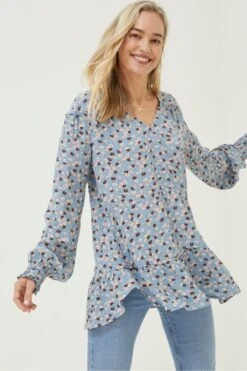 FatFace Blue Dylan Tonal Longline Blouse