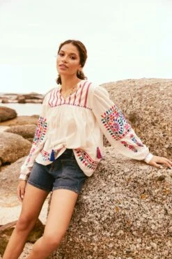 FatFace Natural Ida Embroidered Blouse