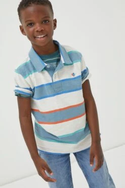 FatFace Blue Block Stripe Polo Shirt -Fat Face Shop 482 427s4