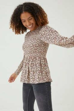 FatFace Fran Brown Meadow Spring Shirred Top