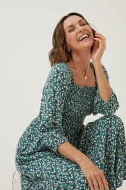 FatFace Green Adele Ditsy Pears Midi Dress -Fat Face Shop D57 782s5