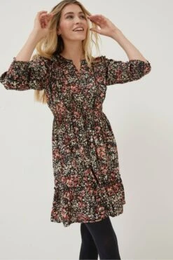 FatFace Porth Blush Floral Black Dress