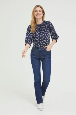 FatFace Blue Sienna Mono Daisy Smock Top -Fat Face Shop D57 886s3