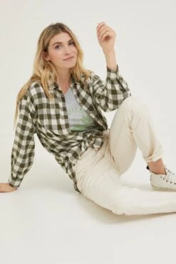 FatFace Green Billie Check Longline Shirt -Fat Face Shop D57530s7