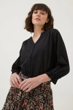 FatFace Winnie Button Through Black Top