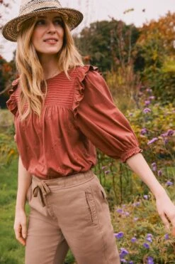 FatFace Marlo Embroidered Brown Top