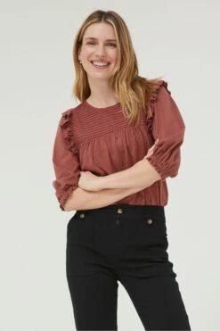 FatFace Marlo Embroidered Brown Top -Fat Face Shop D57802s5