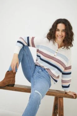 FatFace Blue Sophia Stripe Henley Jumper -Fat Face Shop D57812s4