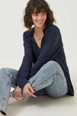 FatFace Blue Nina Notch Neck Tunic Top -Fat Face Shop D57870s3