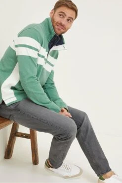 FatFace Green Airlie Stripe Button Neck Sweatshirt -Fat Face Shop D60 947s3