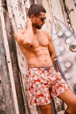 FatFace Red Trevose Leaf Print Swim Shorts