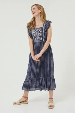 FatFace Blue Izzi Stripe Embroidered Dress