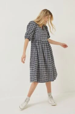 FatFace Blue Hannah Check Midi Dress