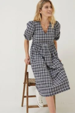 FatFace Blue Hannah Check Midi Dress -Fat Face Shop D90577s3