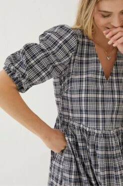 FatFace Blue Hannah Check Midi Dress -Fat Face Shop D90577s5