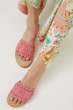 FatFace Pink Cate Crochet Raffia Sliders