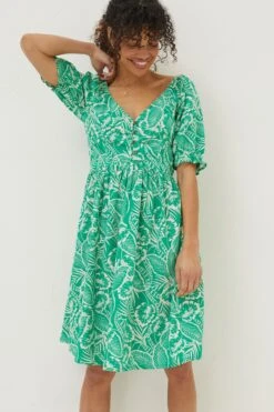 FatFace Green Aideen Linen Blend Leaf Dress