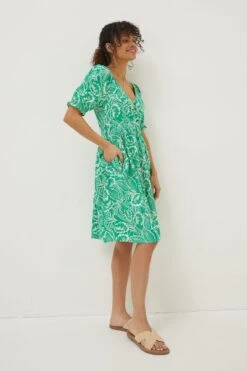 FatFace Green Aideen Linen Blend Leaf Dress -Fat Face Shop T49108s3