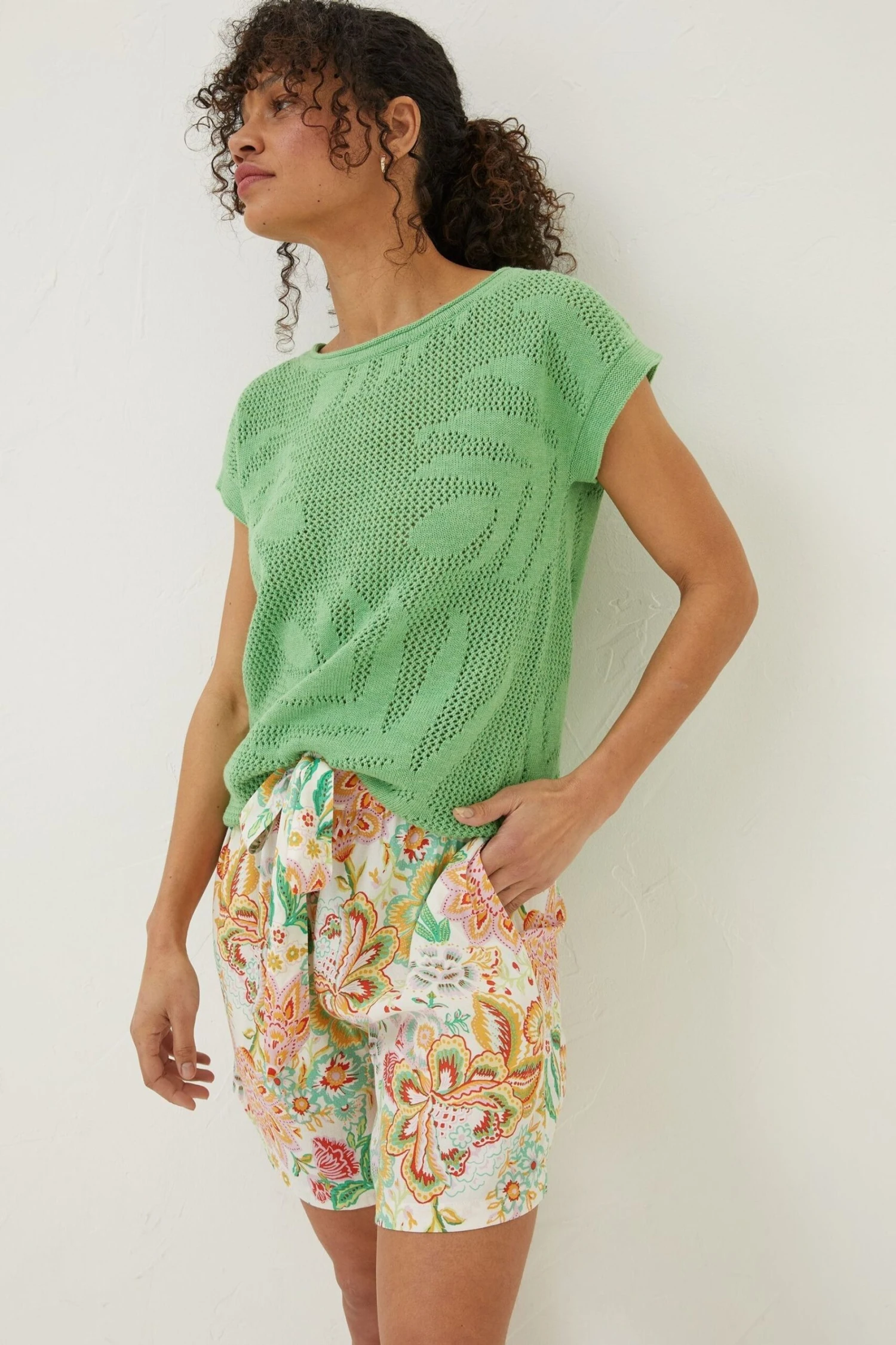 FatFace Green Faye Palm Button Back Knit Top 3 FatFace Green Faye Palm Button Back Knit Top