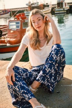 FatFace Blue Geo Batik Shirred Palazzo Trousers