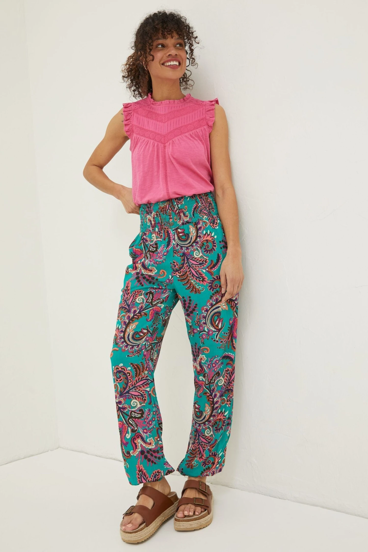 FatFace Green Festival Shirred Trousers 3 FatFace Green Festival Shirred Trousers
