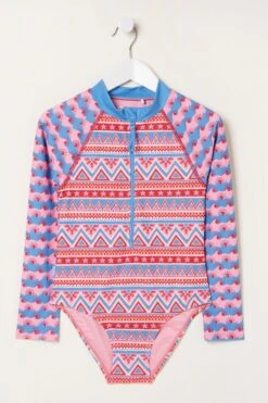 FatFace Pink Aztec Long Sleeve Swimsuit