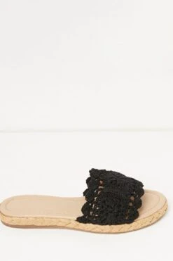 FatFace Cate Crochet Raffia Black Sliders