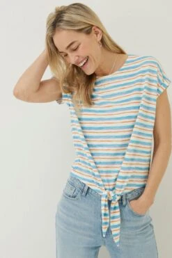 FatFace Blue Fran Stripe Tie Front Top