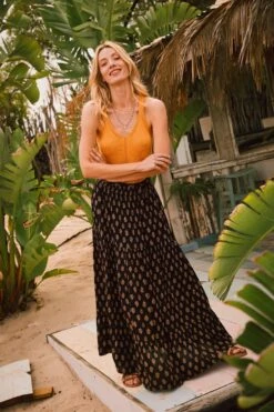 FatFace Jayla Woodblock Black Maxi Skirt -Fat Face Shop U04 403s2