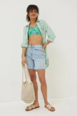 FatFace Green Billie Stripe Longline Shirt -Fat Face Shop U04338s3