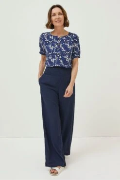 FatFace Blue Shirred Plain Palazzo Trousers