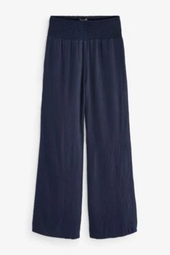 FatFace Blue Shirred Plain Palazzo Trousers -Fat Face Shop U04414s3