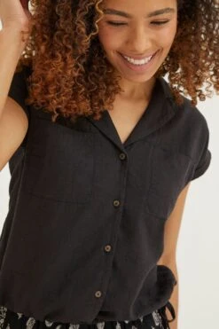 FatFace Val Linen Blend Black Shirt -Fat Face Shop U04487s4