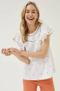 FatFace Natural Leah Embroidered Top